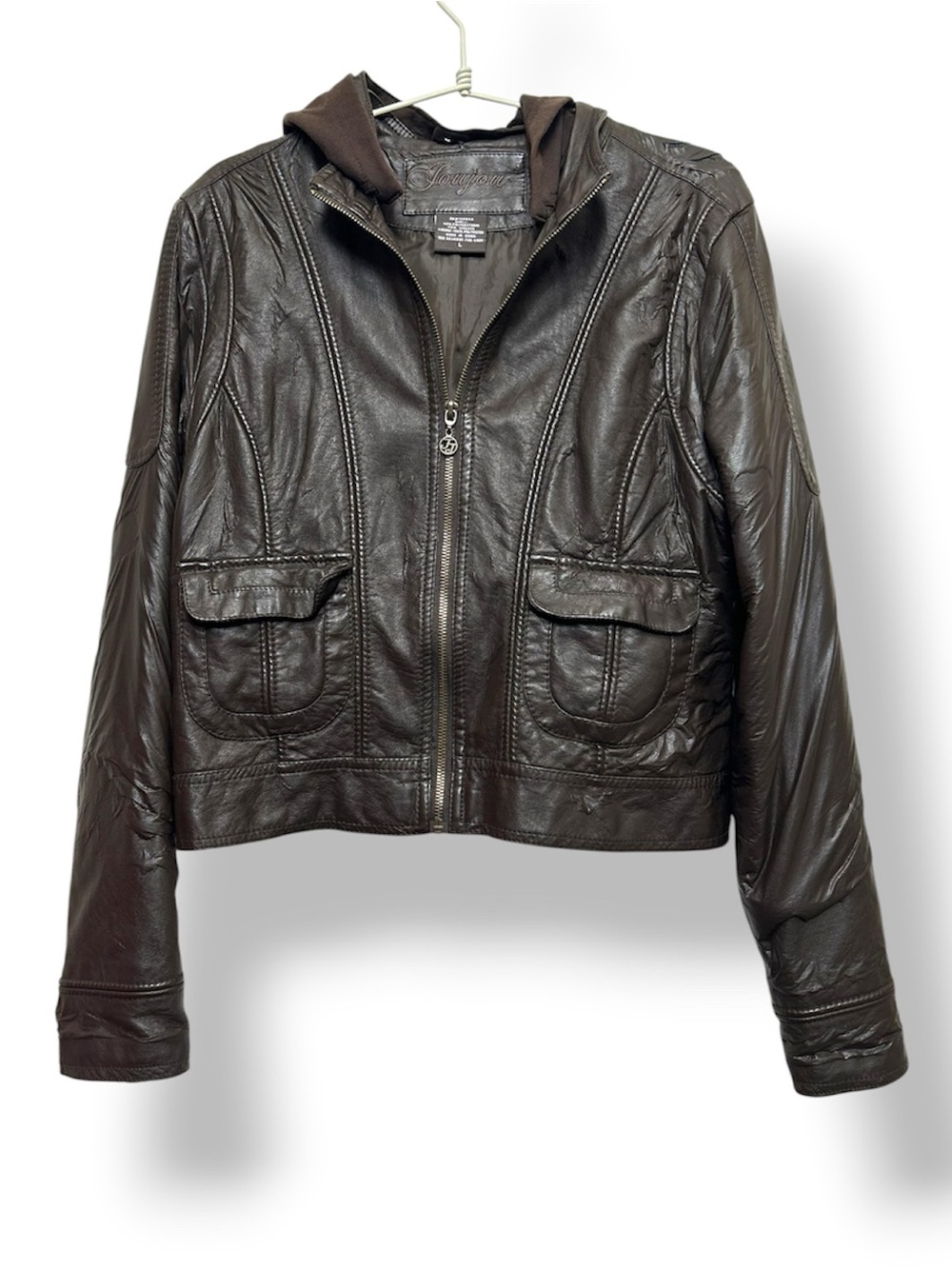 Y2K JouJou Hooded Faux Leather Moto Jacket L Upcycle DIY Project Brown Distress